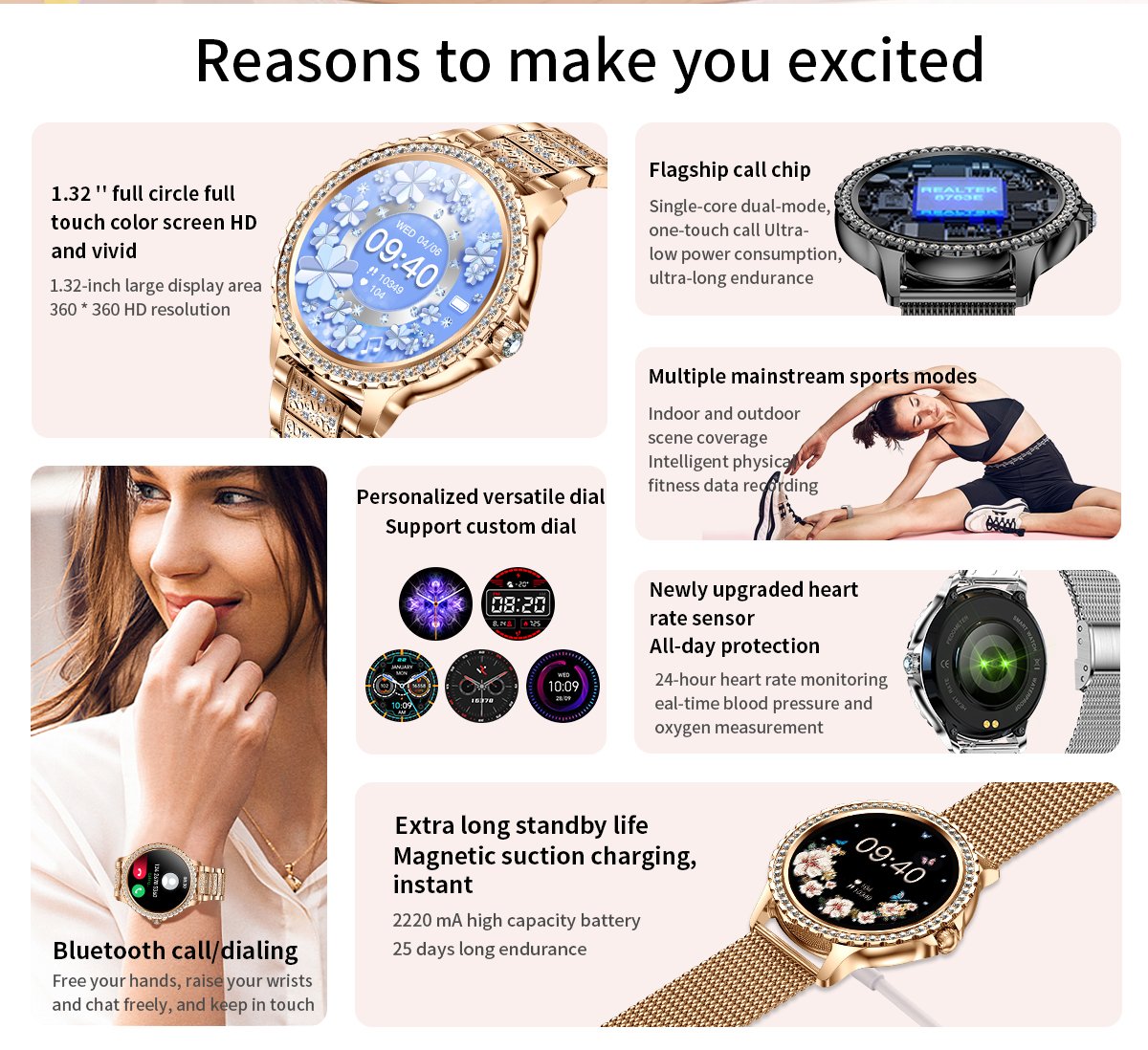 Women Smart Watch Heart rate Blood Oxygen Sleep Monitoring Diamond Bracelet Bluetooth Call Smartwatch
