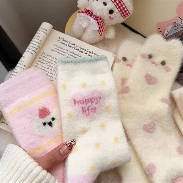 Cozy Fuzzy Winter Sleep Socks for Women – Soft Plush Pink Cute Cartoon Thick Warm Home Socks