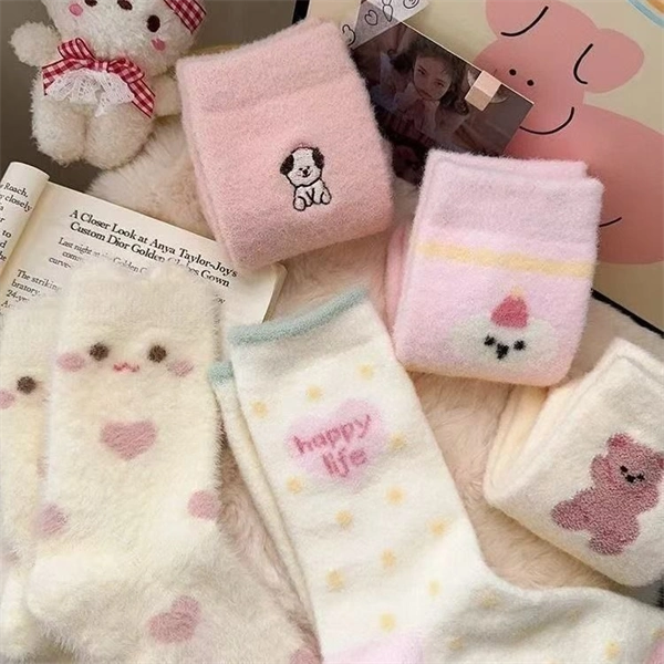 Cozy Fuzzy Winter Sleep Socks for Women – Soft Plush Pink Cute Cartoon Thick Warm Home Socks