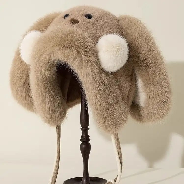 Plush Bunny Hat with Blush Cheeks - Cozy Animal Ear Beanie