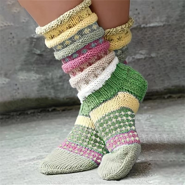 Women's Cozy Knit Slouch Socks - Colorful Striped Jacquard Winter House Socks
